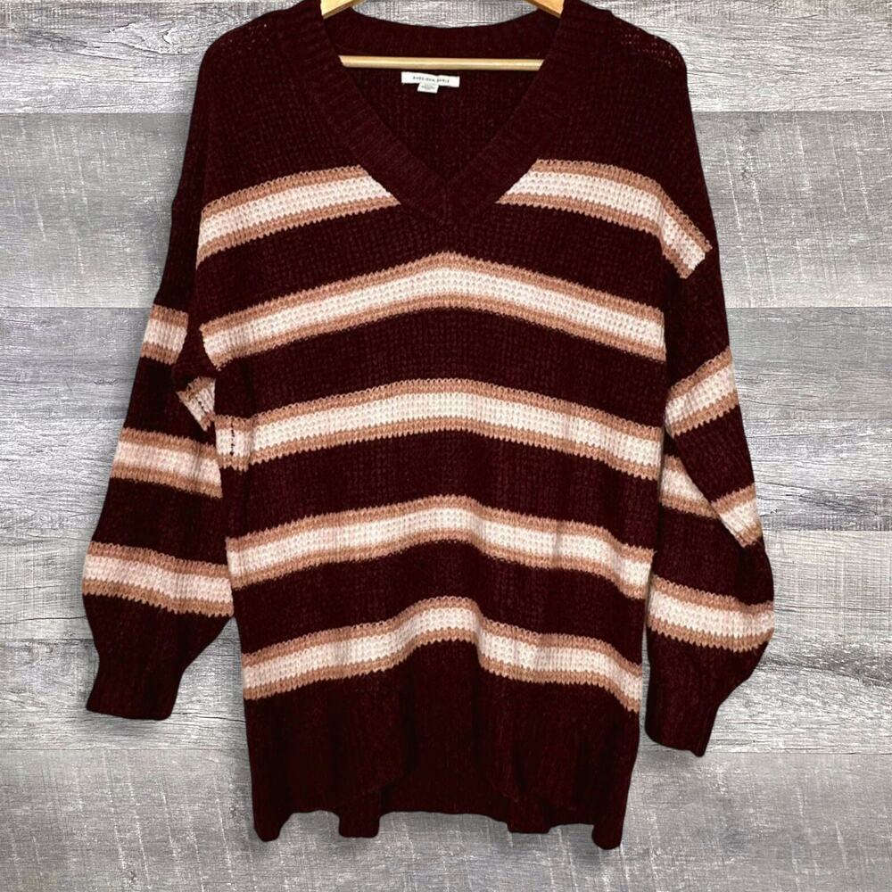 American Eagle Waffle Knit Tunic Sweater Women S Burgundy Striped V Neck Relaxed